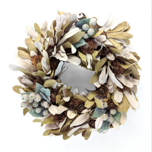 14" Wreath made from bay leaves and cedar rose heads.