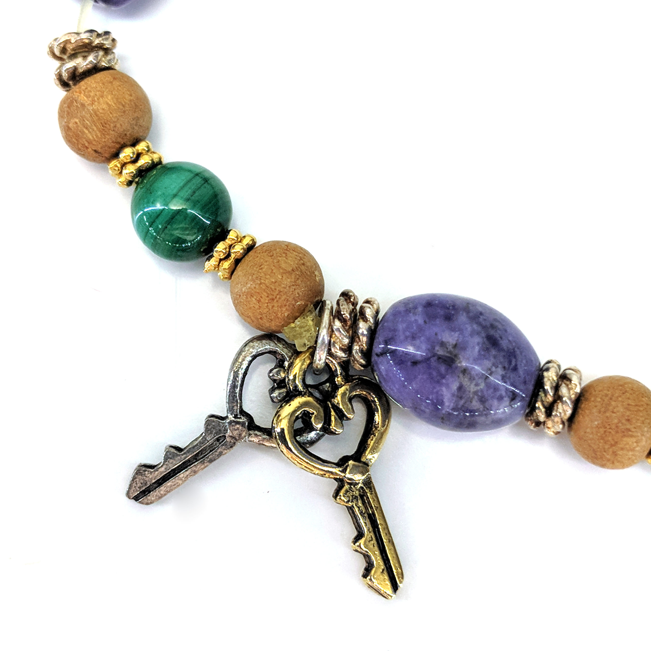 Communication Stone and Sandalwood Bead Stretch Bracelet With "Key" Charms - Image 2