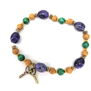 Communication Stone and Sandalwood Bead Stretch Bracelet With "Key" Charms