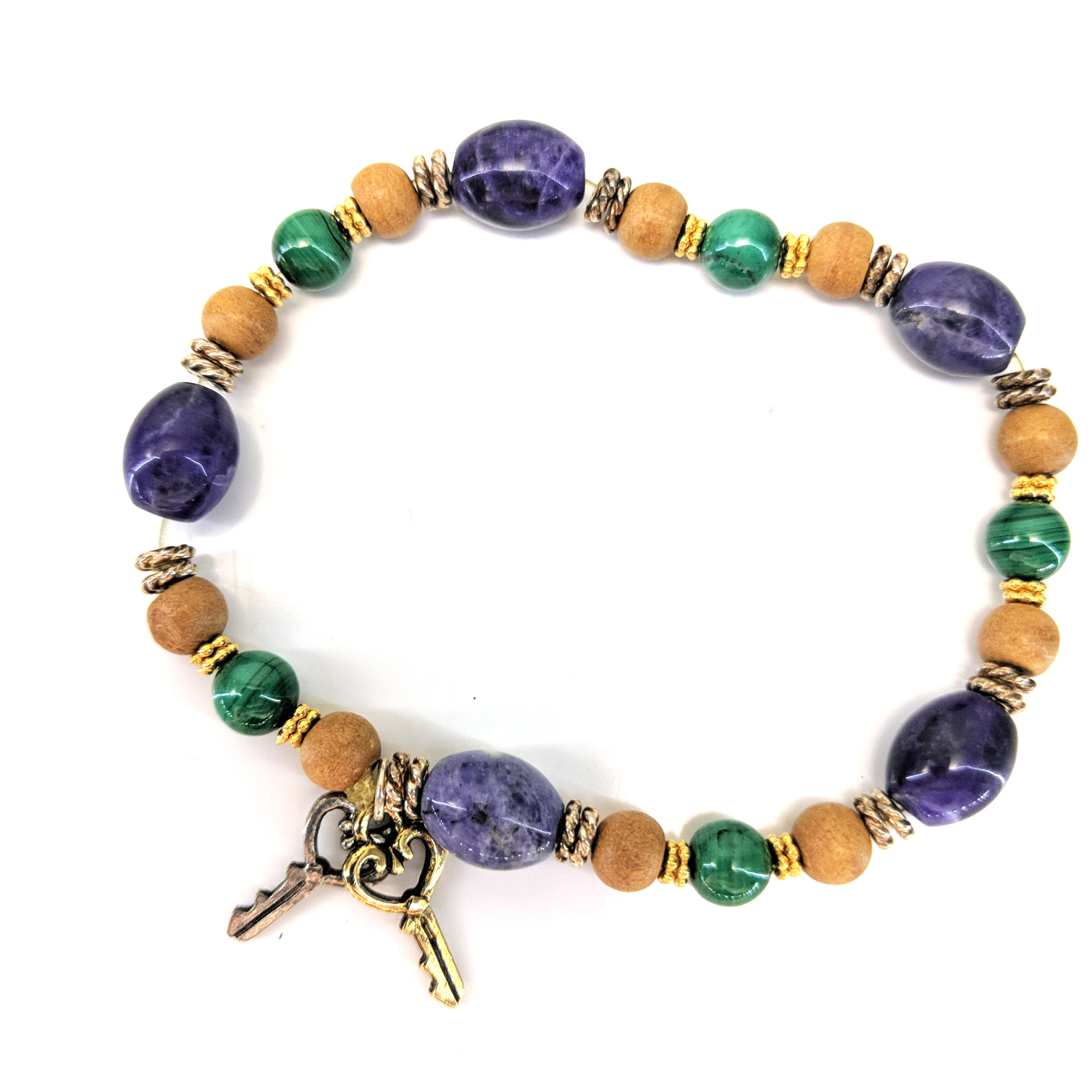 Communication Stone and Sandalwood Bead Stretch Bracelet With "Key" Charms