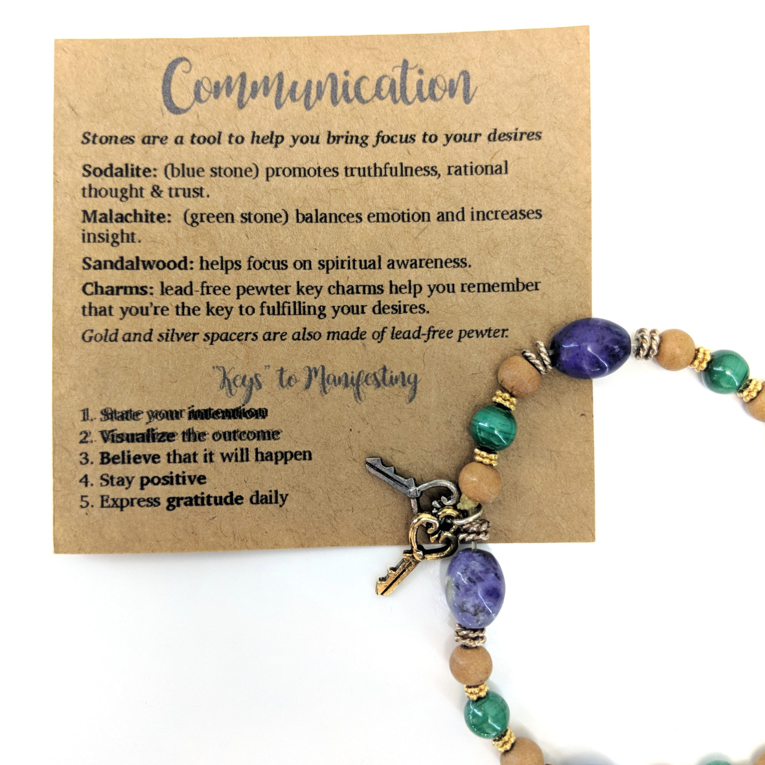 Communication Stone and Sandalwood Bead Stretch Bracelet With "Key" Charms - Image 3