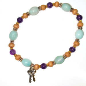 Intuition Stone and Sandalwood Bead Stretch Bracelet With "Key" Charms